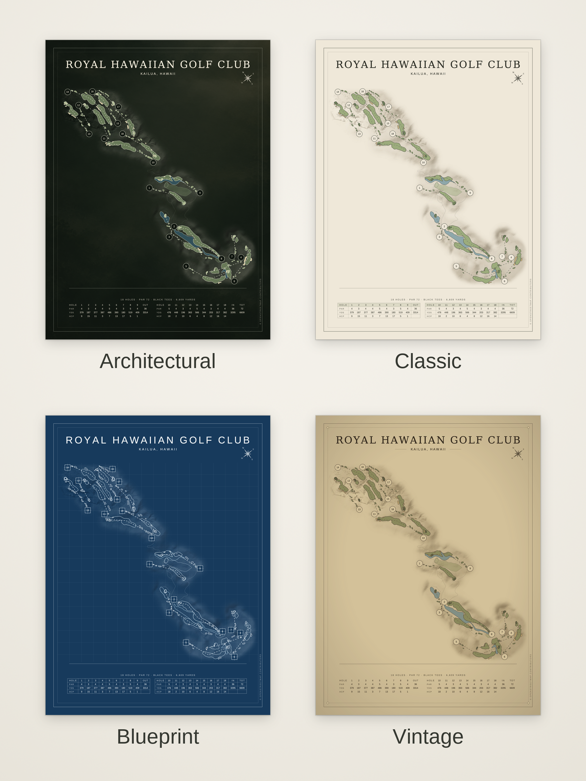 Royal Hawaiian Golf Club course map poster in four styles: Architectural, Classic, Blueprint and Vintage
