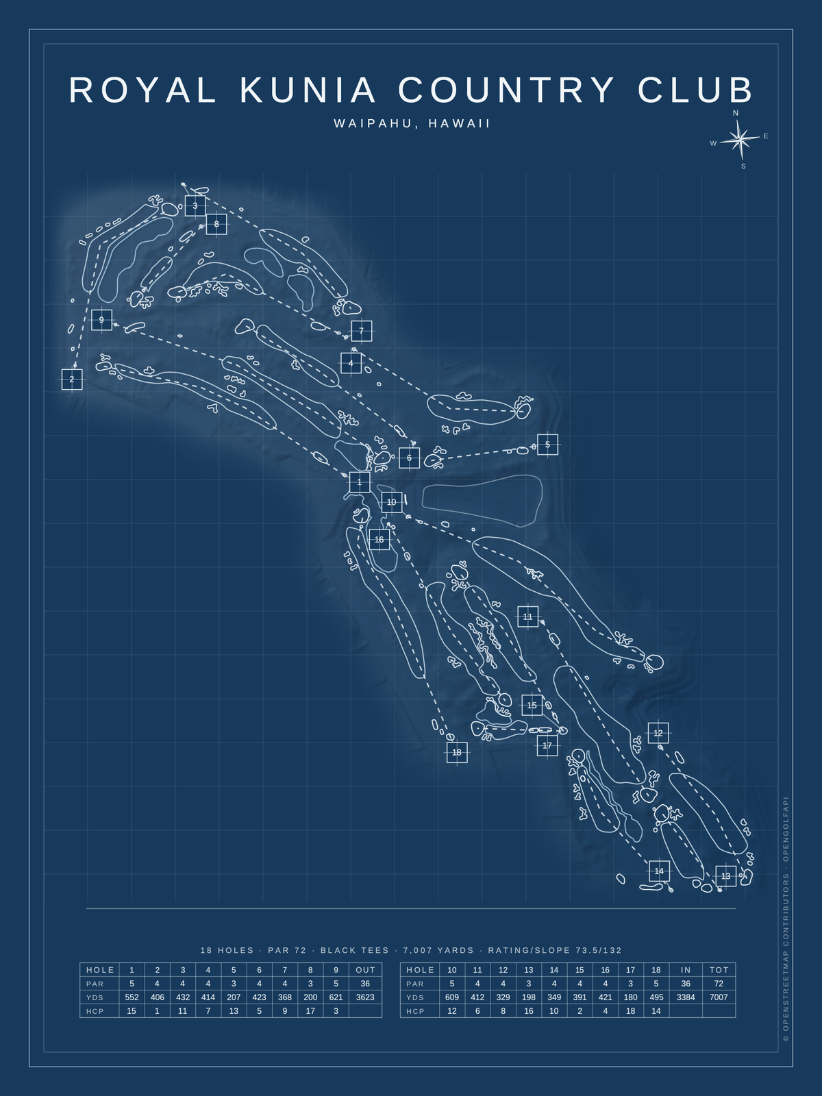 Royal Kunia Country Club course map poster, Blueprint style, 12×16 / 18×24
