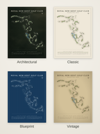 Royal New Kent Golf Club course map poster in four styles: Architectural, Classic, Blueprint and Vintage