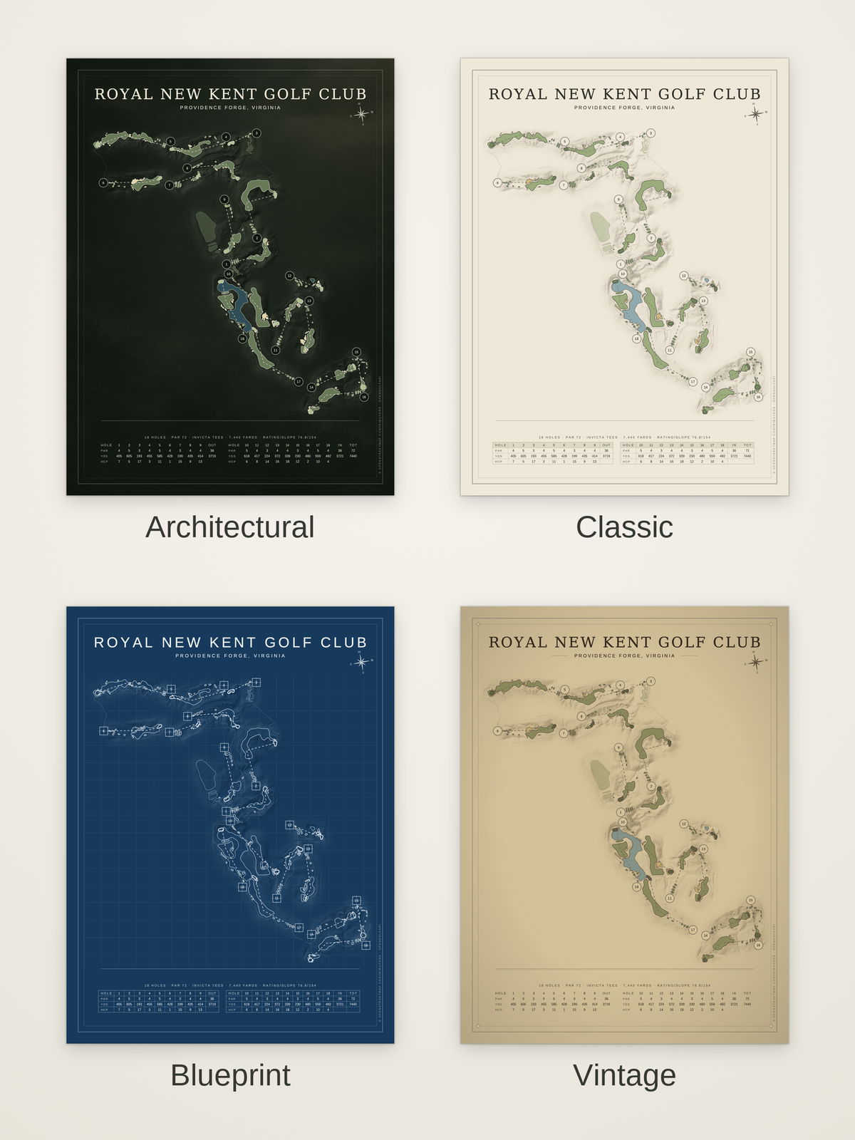 Royal New Kent Golf Club course map poster in four styles: Architectural, Classic, Blueprint and Vintage