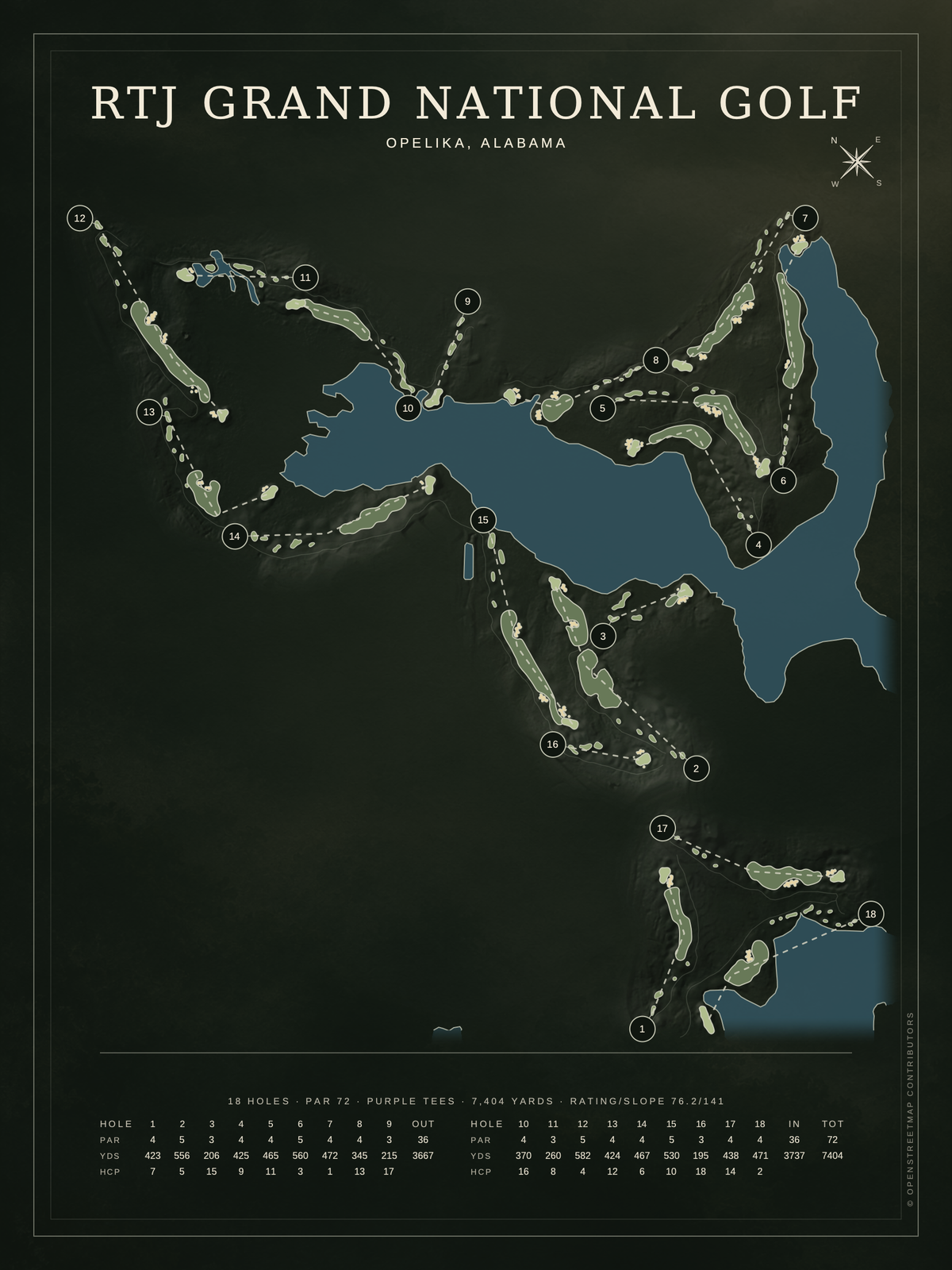 RTJ Grand National Golf course map poster, Architectural style, 12×16 / 18×24