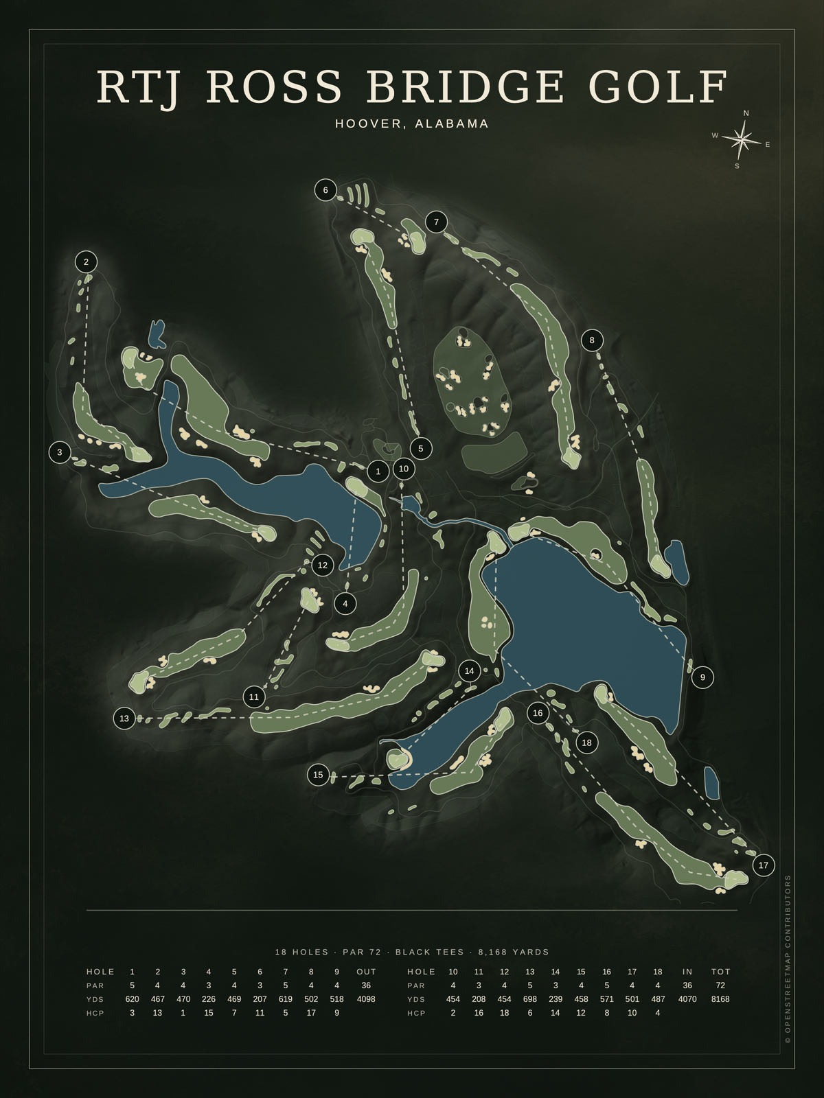 RTJ Ross Bridge Golf course map poster, Architectural style, 12×16 / 18×24