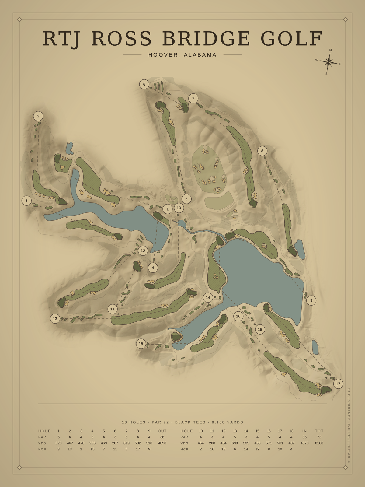 RTJ Ross Bridge Golf course map poster, Vintage style, 12×16 / 18×24