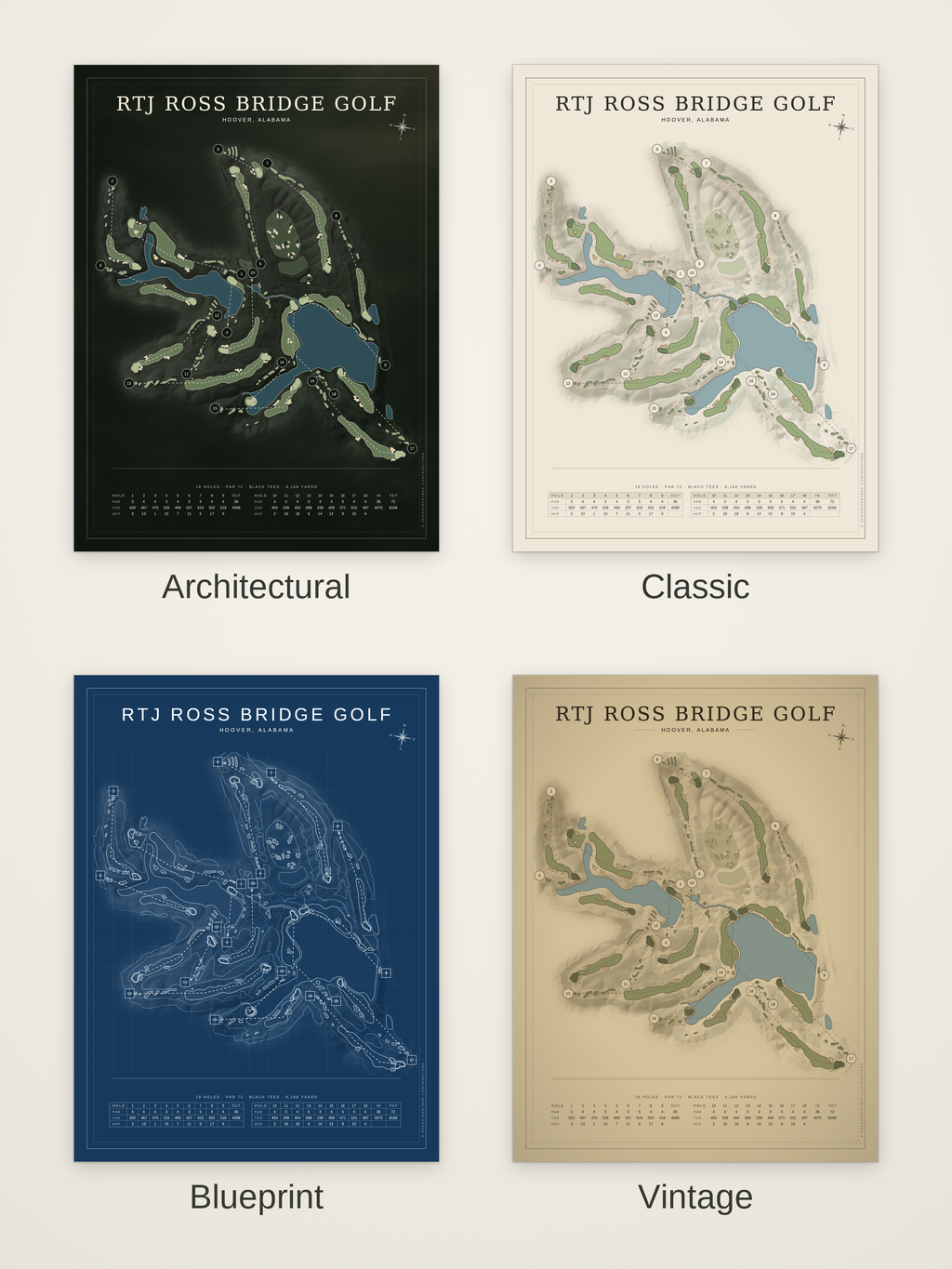 RTJ Ross Bridge Golf course map poster in four styles: Architectural, Classic, Blueprint and Vintage