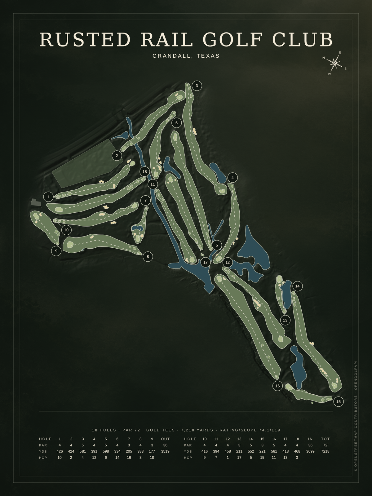 Rusted Rail Golf Club course map poster, Architectural style, 12×16 / 18×24