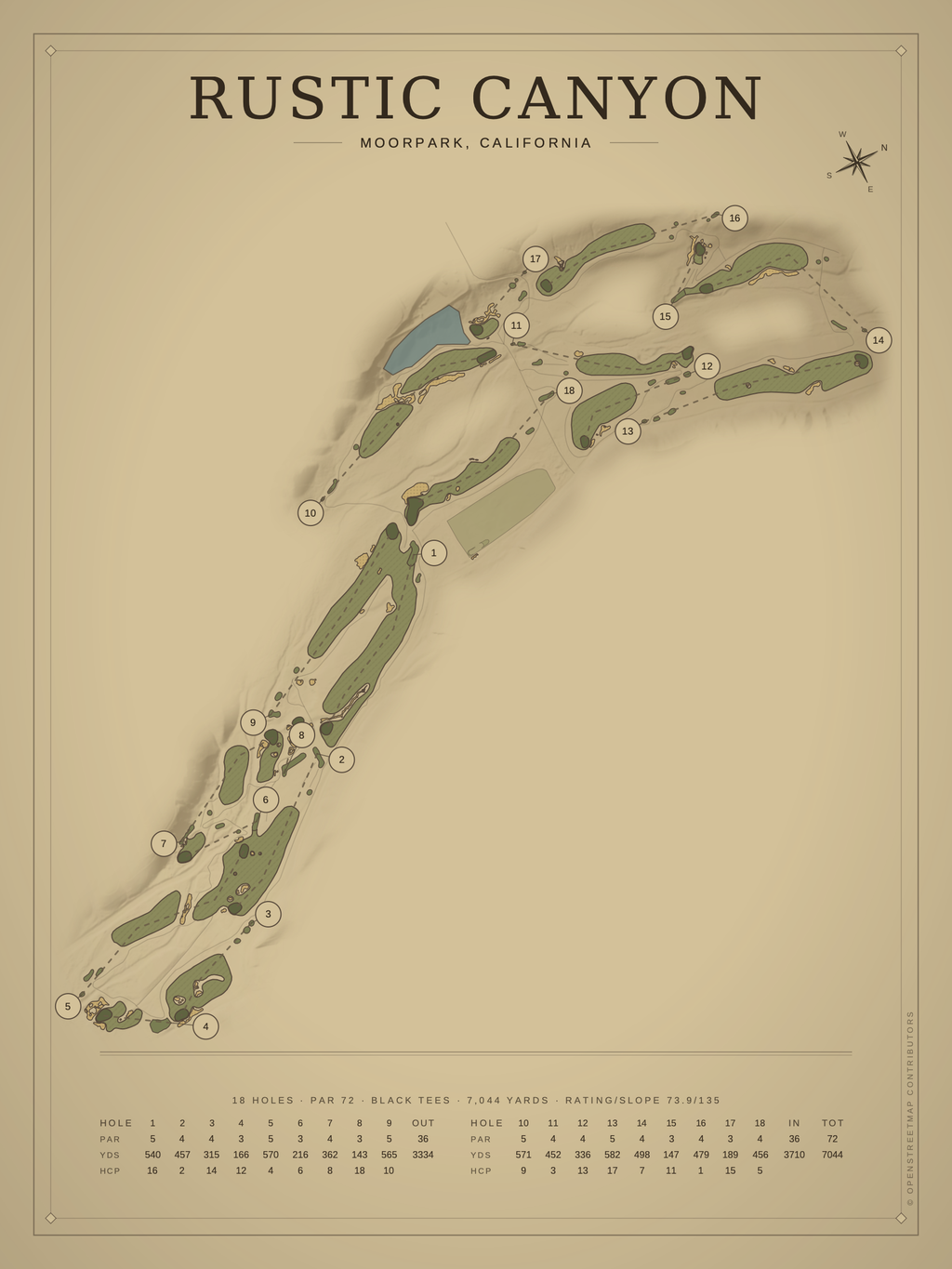 Rustic Canyon course map poster, Vintage style, 12×16 / 18×24