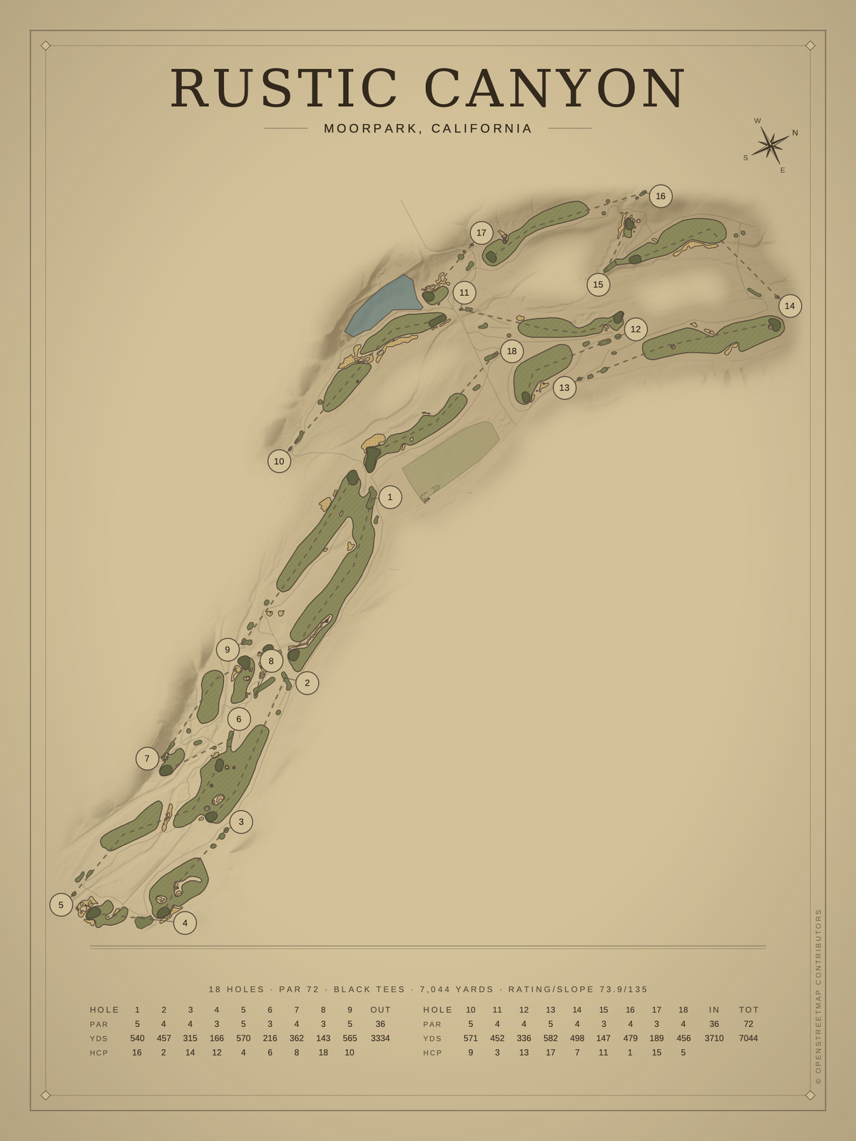 Rustic Canyon course map poster, Vintage style, 12×16 / 18×24