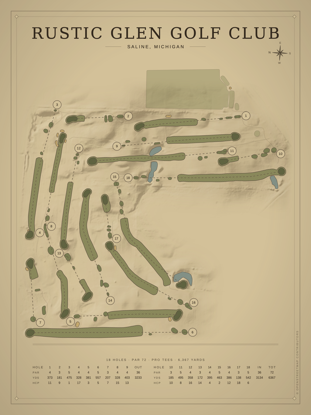 Rustic Glen Golf Club course map poster, Vintage style, 12×16 / 18×24