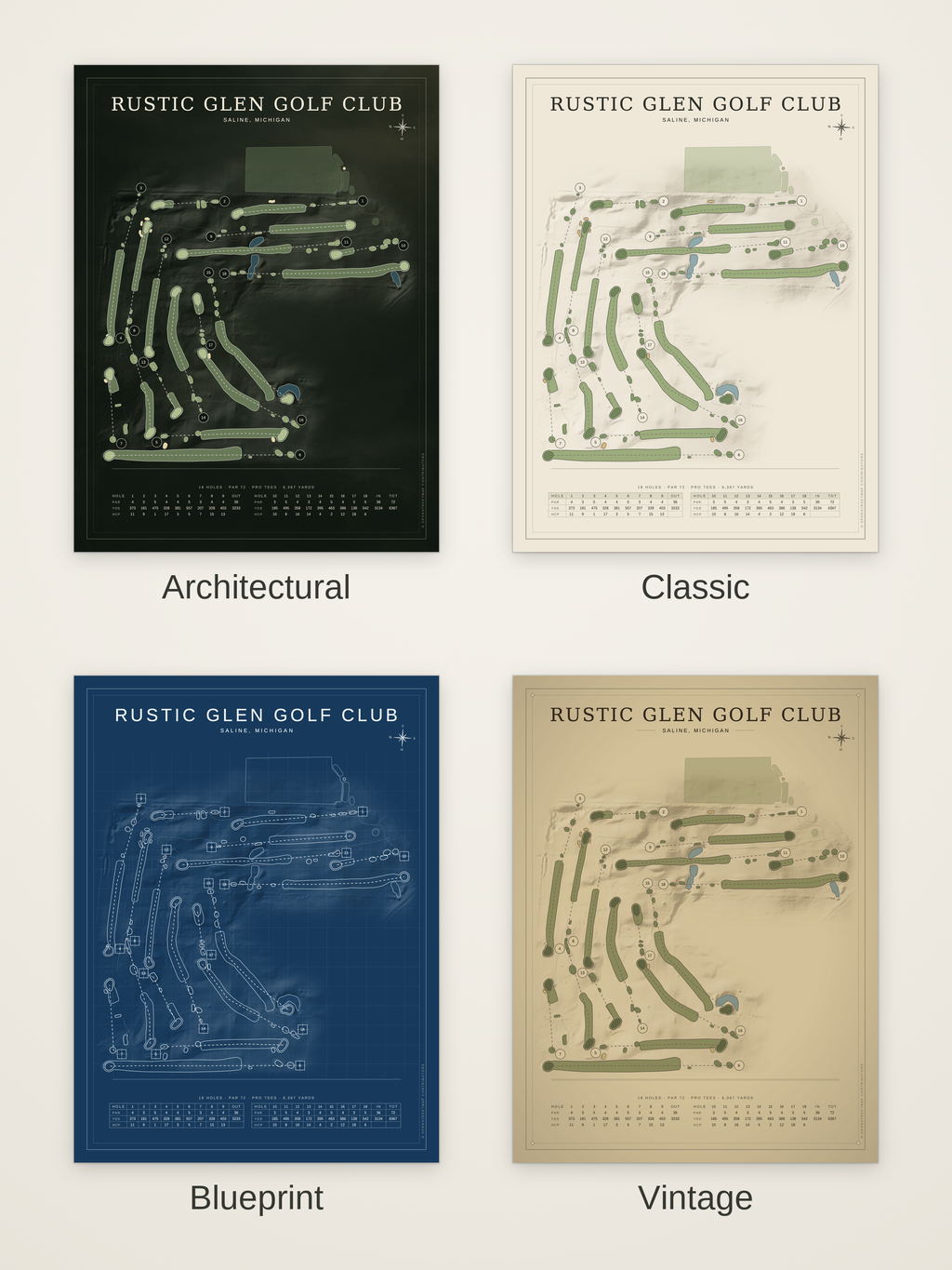 Rustic Glen Golf Club course map poster in four styles: Architectural, Classic, Blueprint and Vintage