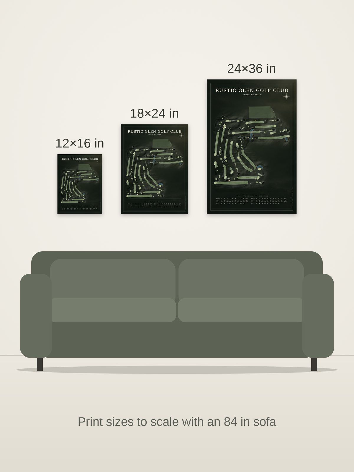 Rustic Glen Golf Club course map poster in the Architectural style at 12×16, 18×24 and 24×36 inches, shown to scale on a wall above an 84-inch sofa