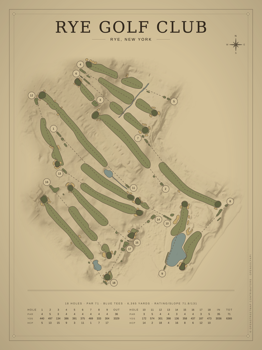 Rye Golf Club course map poster, Vintage style, 12×16 / 18×24