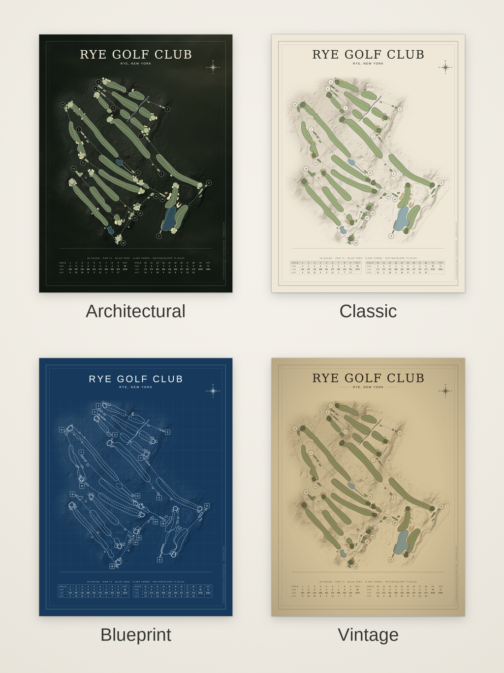 Rye Golf Club course map poster in four styles: Architectural, Classic, Blueprint and Vintage