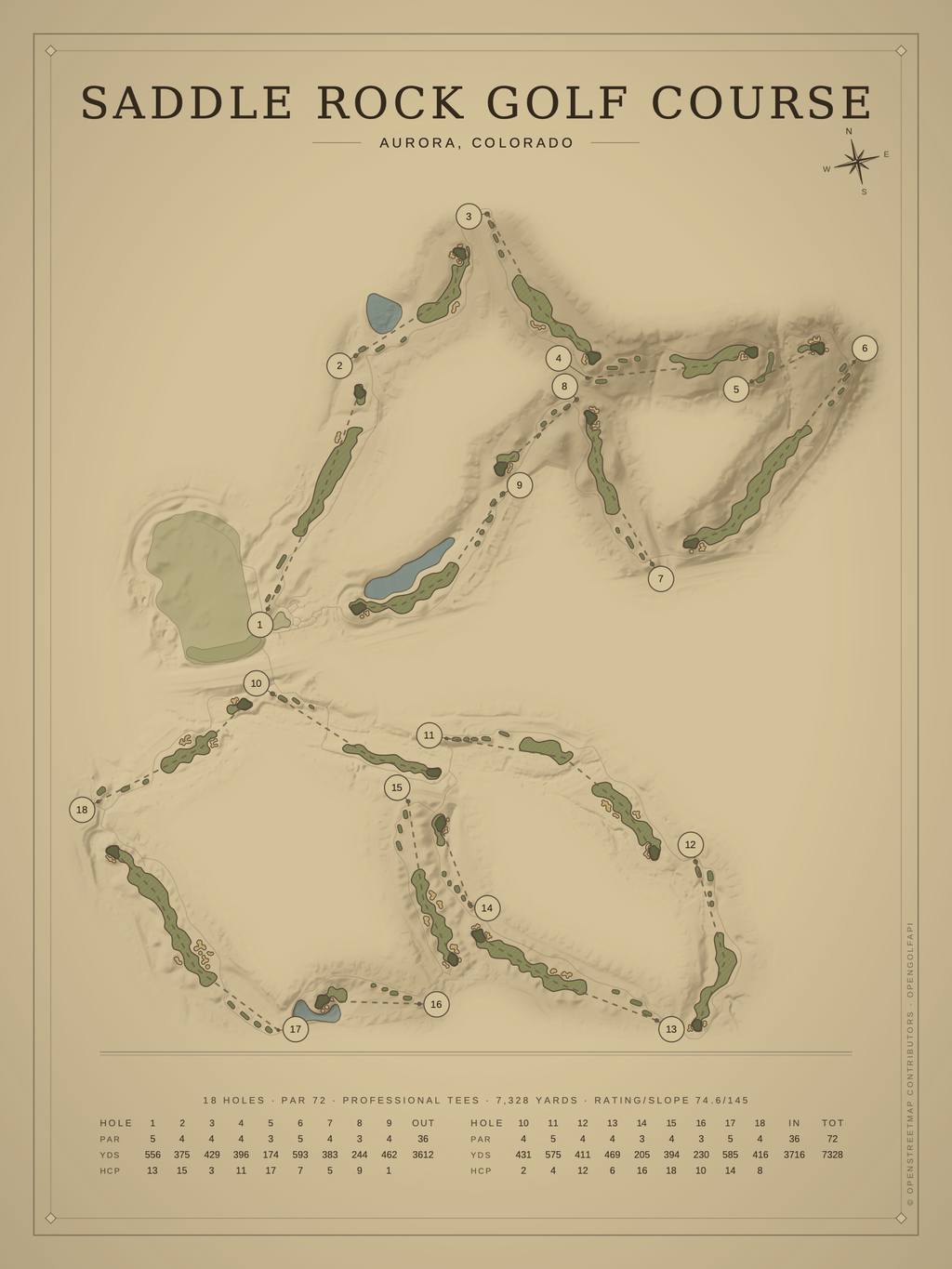 Saddle Rock Golf Course map poster, Vintage style, 12×16 / 18×24