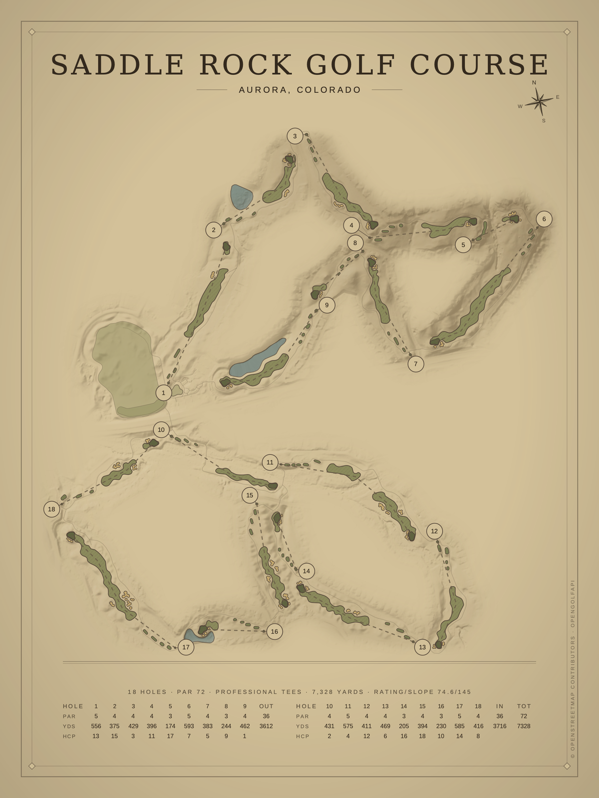Saddle Rock Golf Course map poster, Vintage style, 12×16 / 18×24