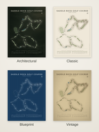 Saddle Rock Golf Course map poster in four styles: Architectural, Classic, Blueprint and Vintage