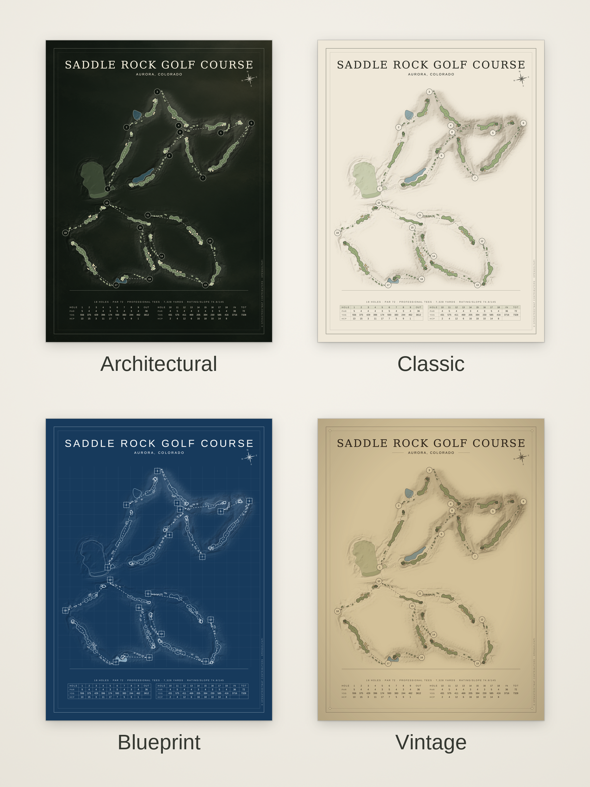 Saddle Rock Golf Course map poster in four styles: Architectural, Classic, Blueprint and Vintage