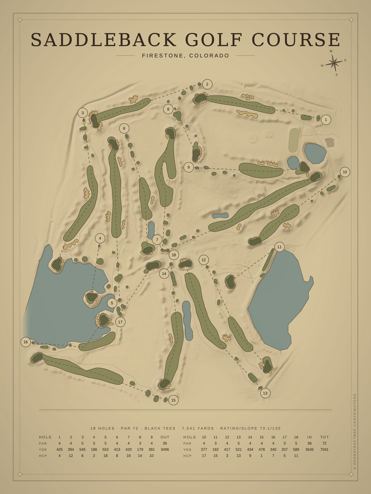 Saddleback Golf Course map poster, Vintage style, 12×16 / 18×24