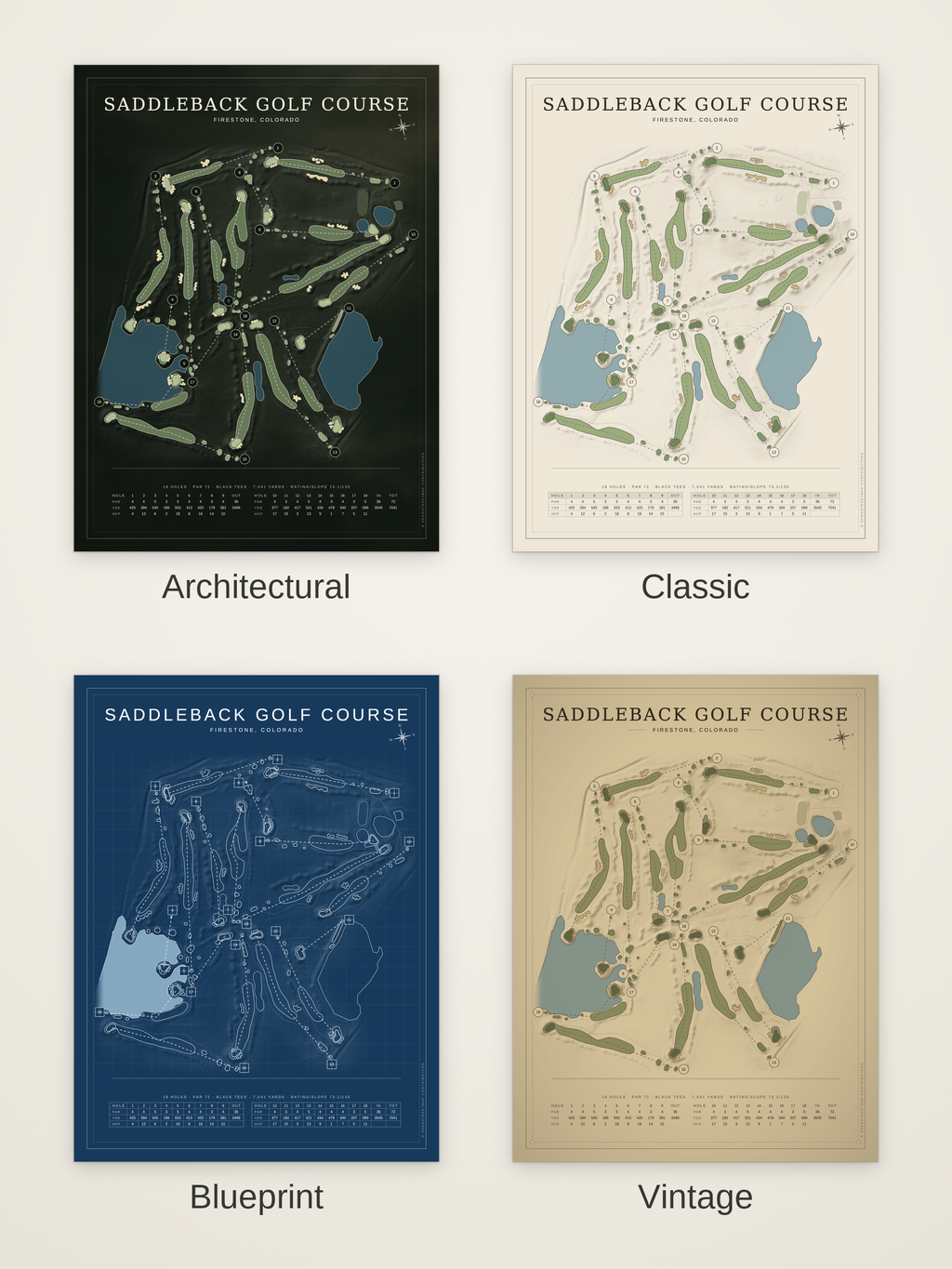 Saddleback Golf Course map poster in four styles: Architectural, Classic, Blueprint and Vintage