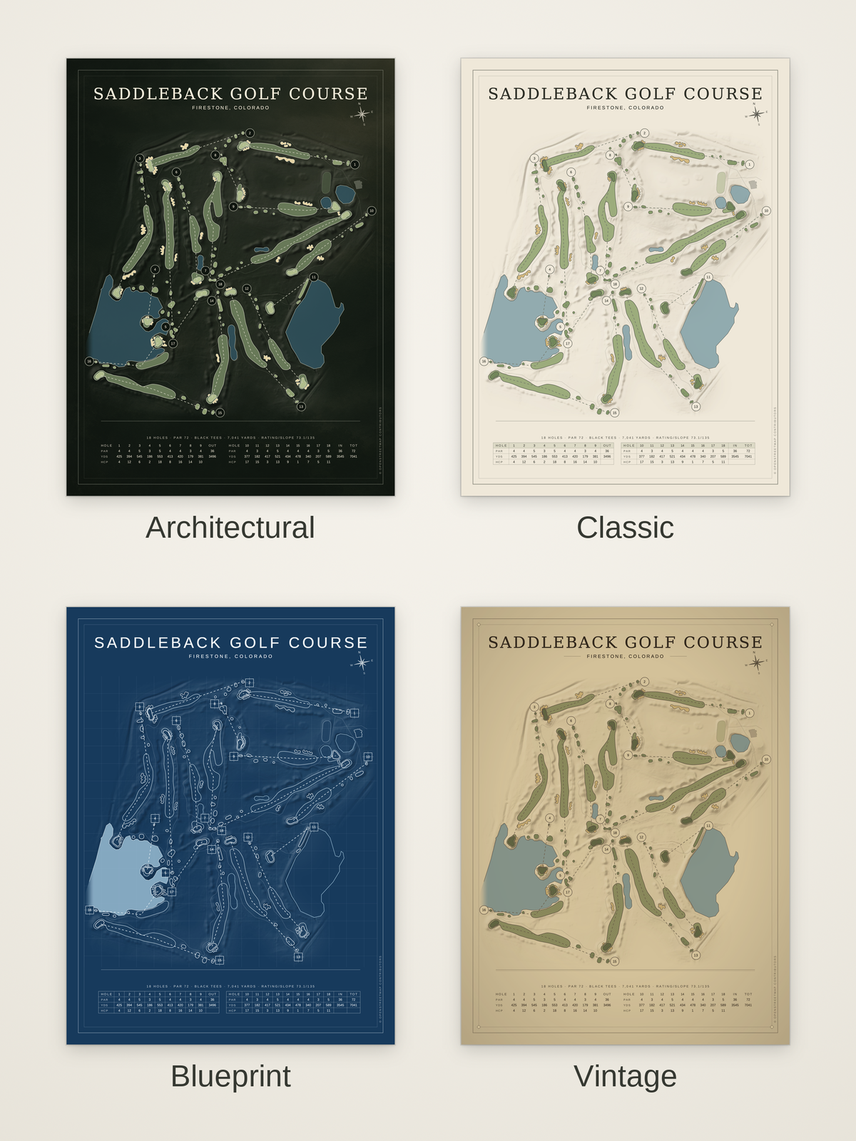 Saddleback Golf Course map poster in four styles: Architectural, Classic, Blueprint and Vintage