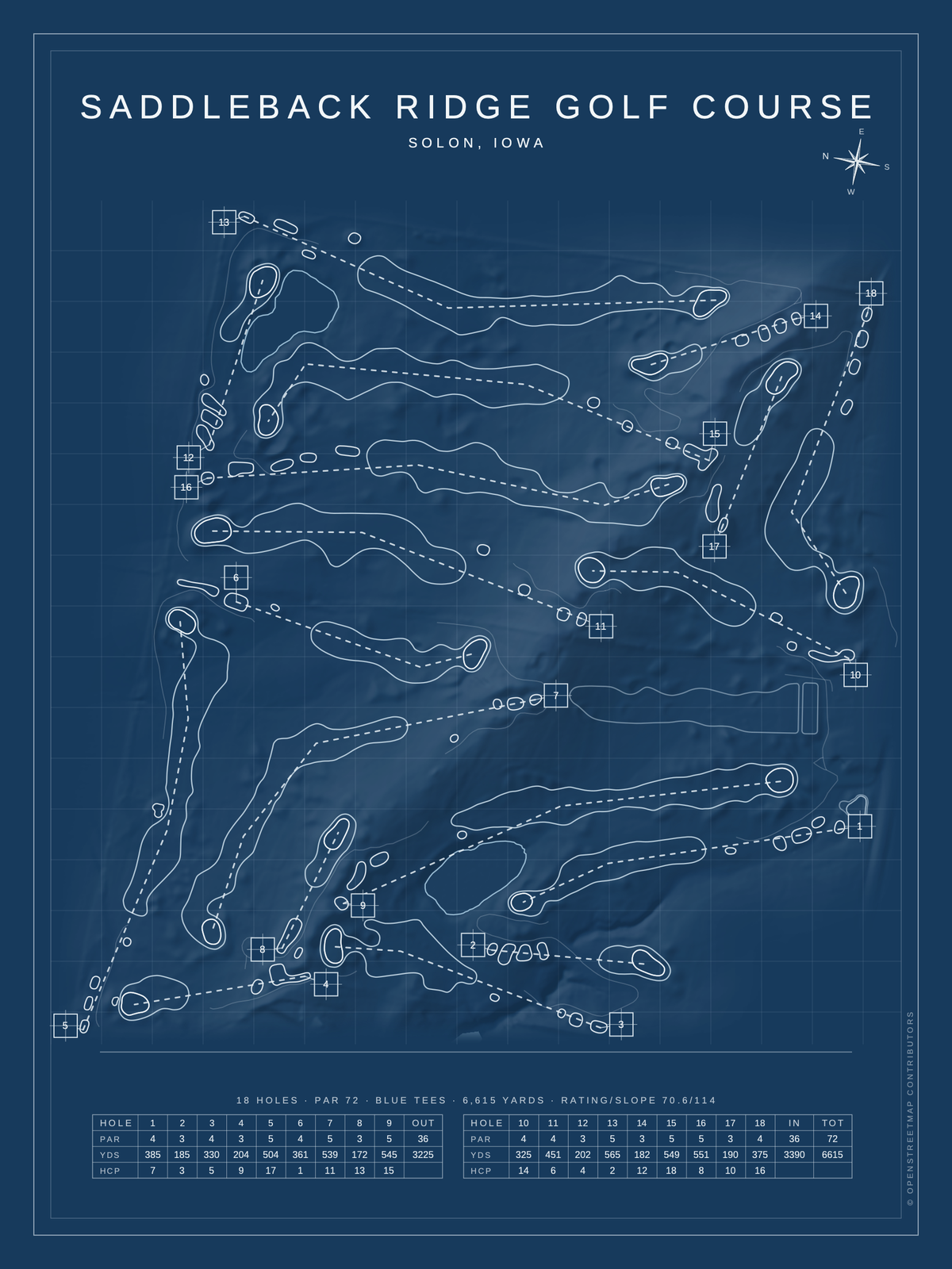 Saddleback Ridge Golf Course map poster, Blueprint style, 12×16 / 18×24