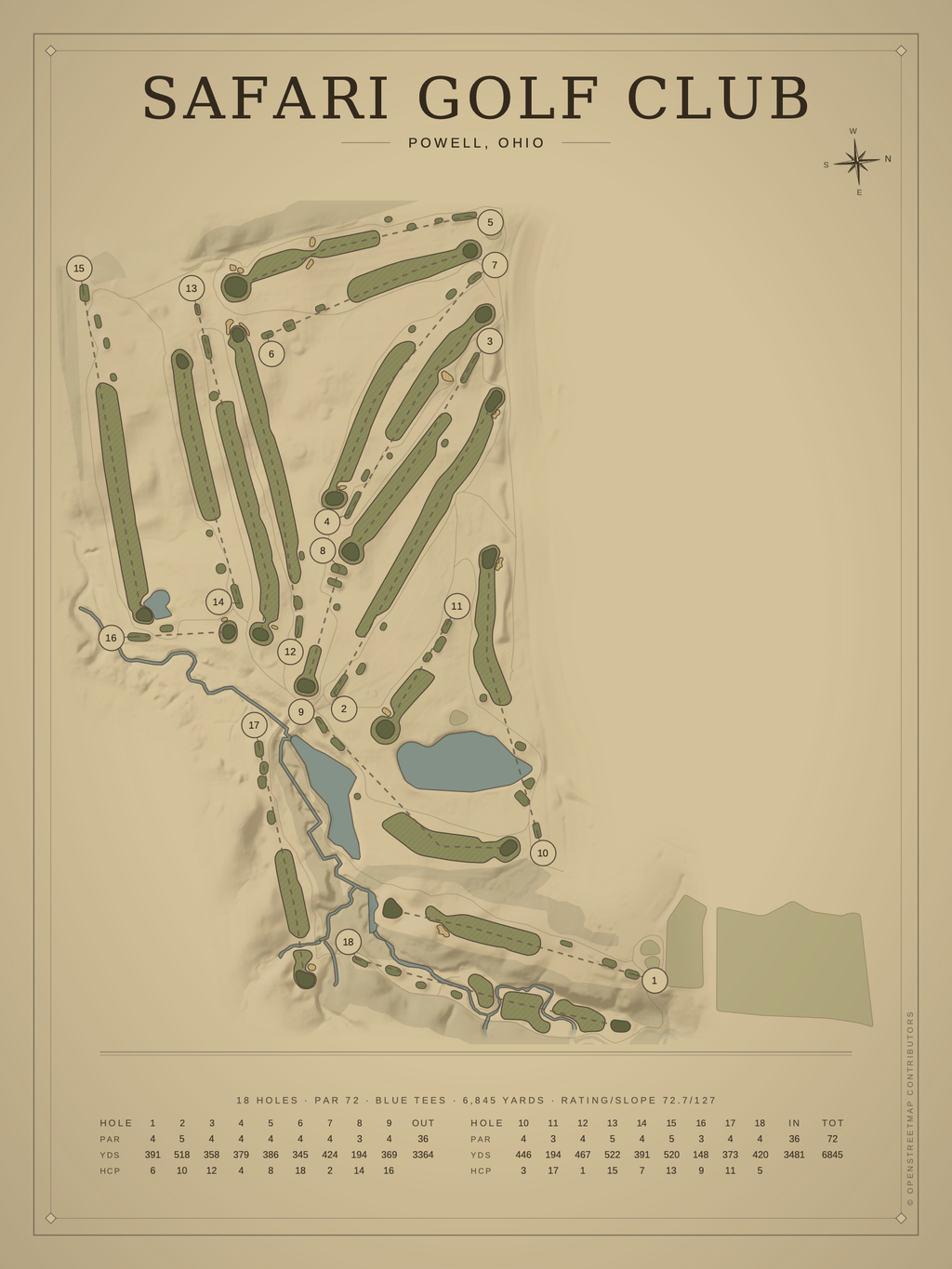 Safari Golf Club course map poster, Vintage style, 12×16 / 18×24