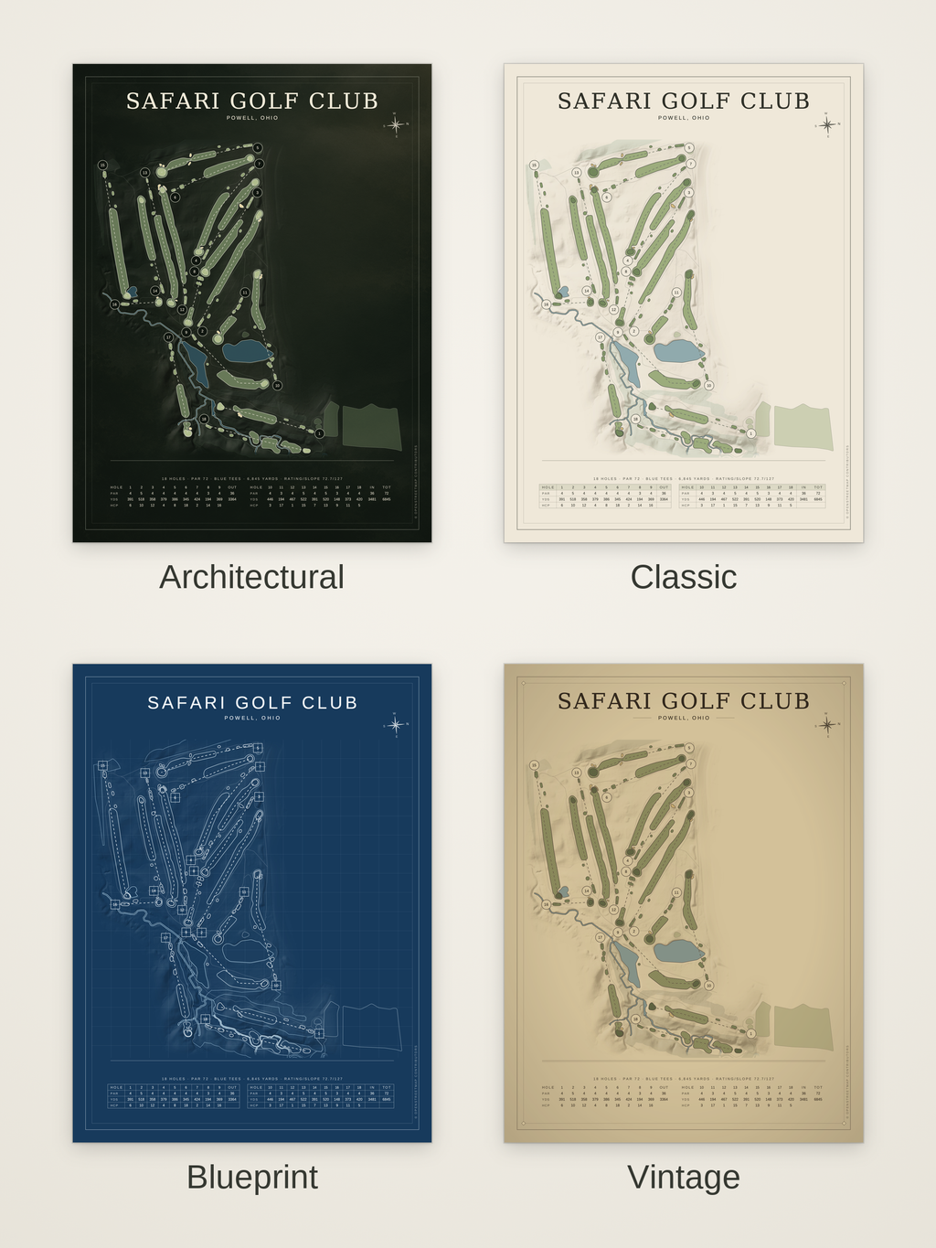 Safari Golf Club course map poster in four styles: Architectural, Classic, Blueprint and Vintage