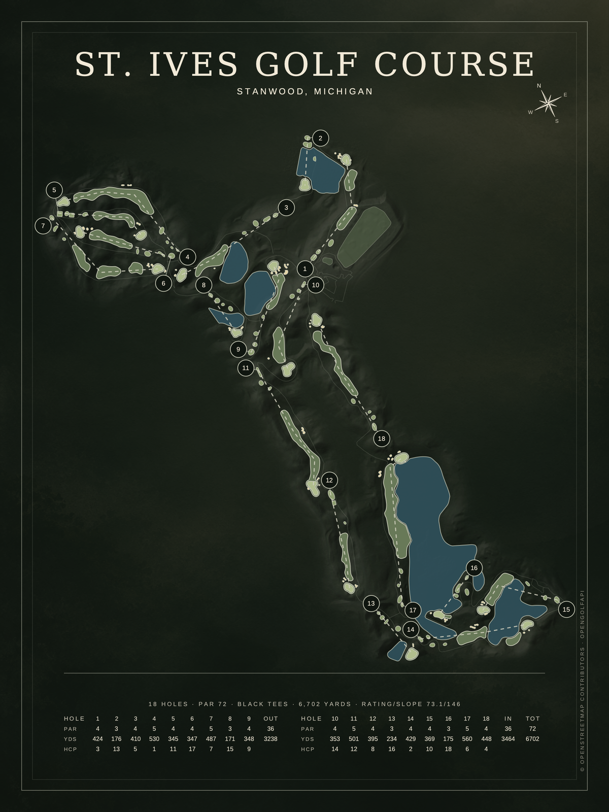 St. Ives Golf Course map poster, Architectural style, 12×16 / 18×24