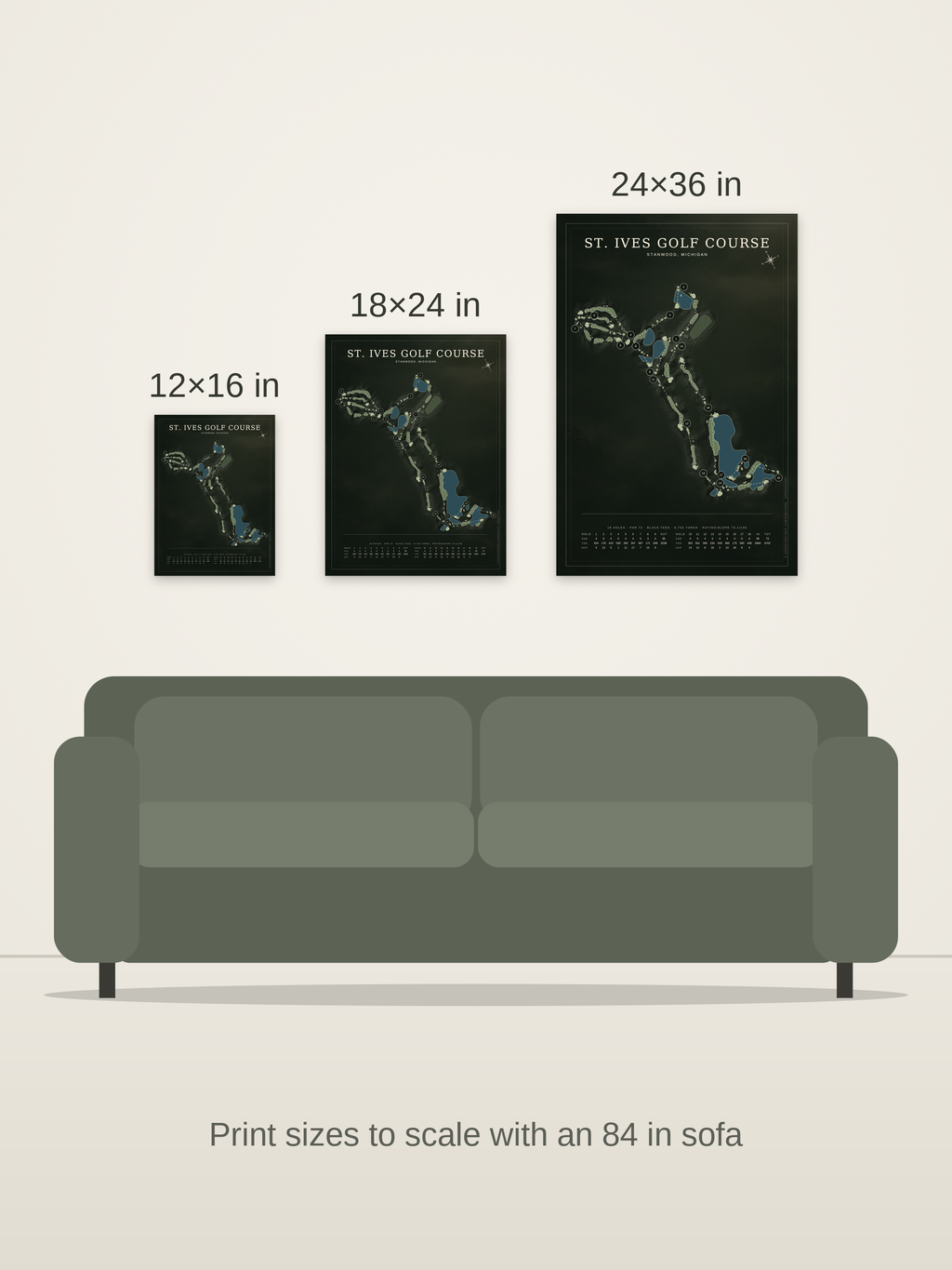 St. Ives Golf Course map poster in the Architectural style at 12×16, 18×24 and 24×36 inches, shown to scale on a wall above an 84-inch sofa