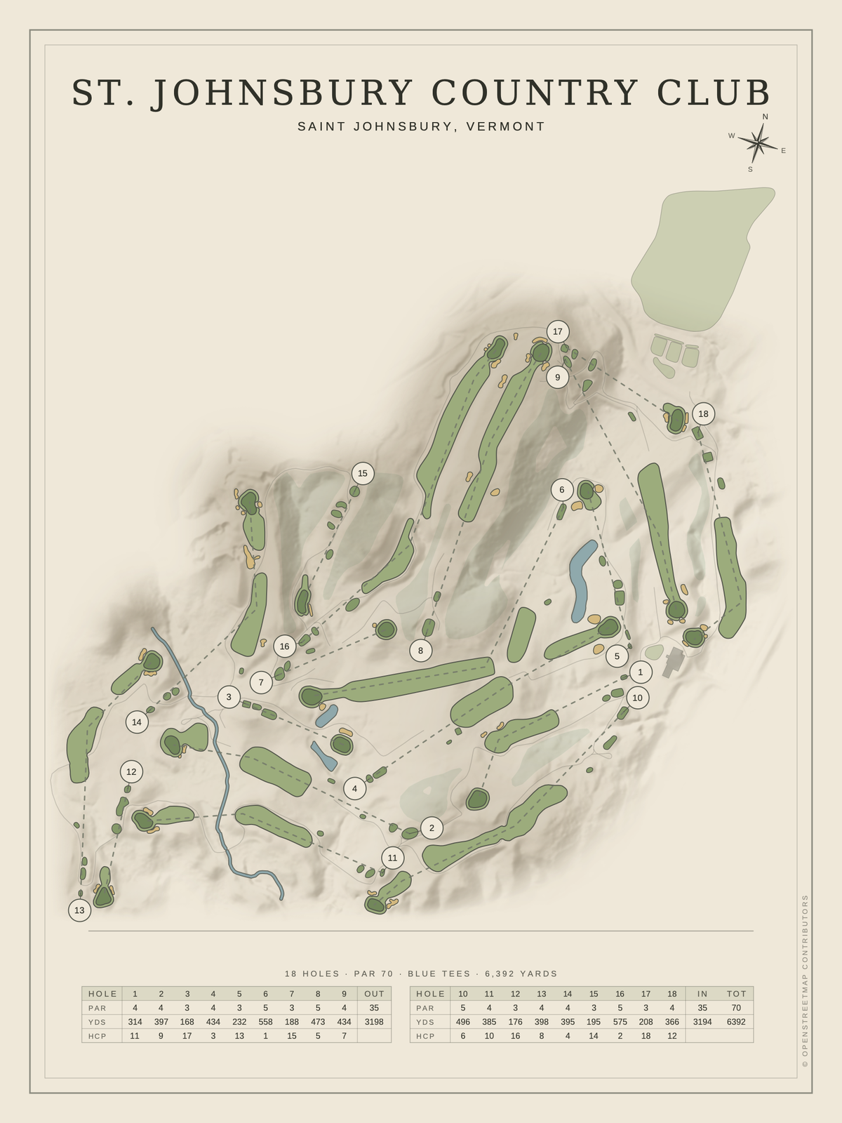 St. Johnsbury Country Club course map poster, Classic style, 12×16 / 18×24