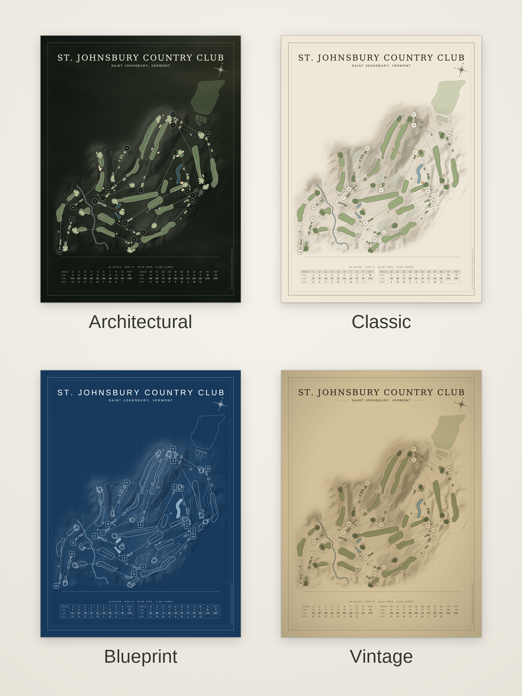 St. Johnsbury Country Club course map poster in four styles: Architectural, Classic, Blueprint and Vintage