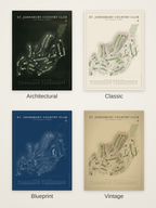 St. Johnsbury Country Club course map poster in four styles: Architectural, Classic, Blueprint and Vintage