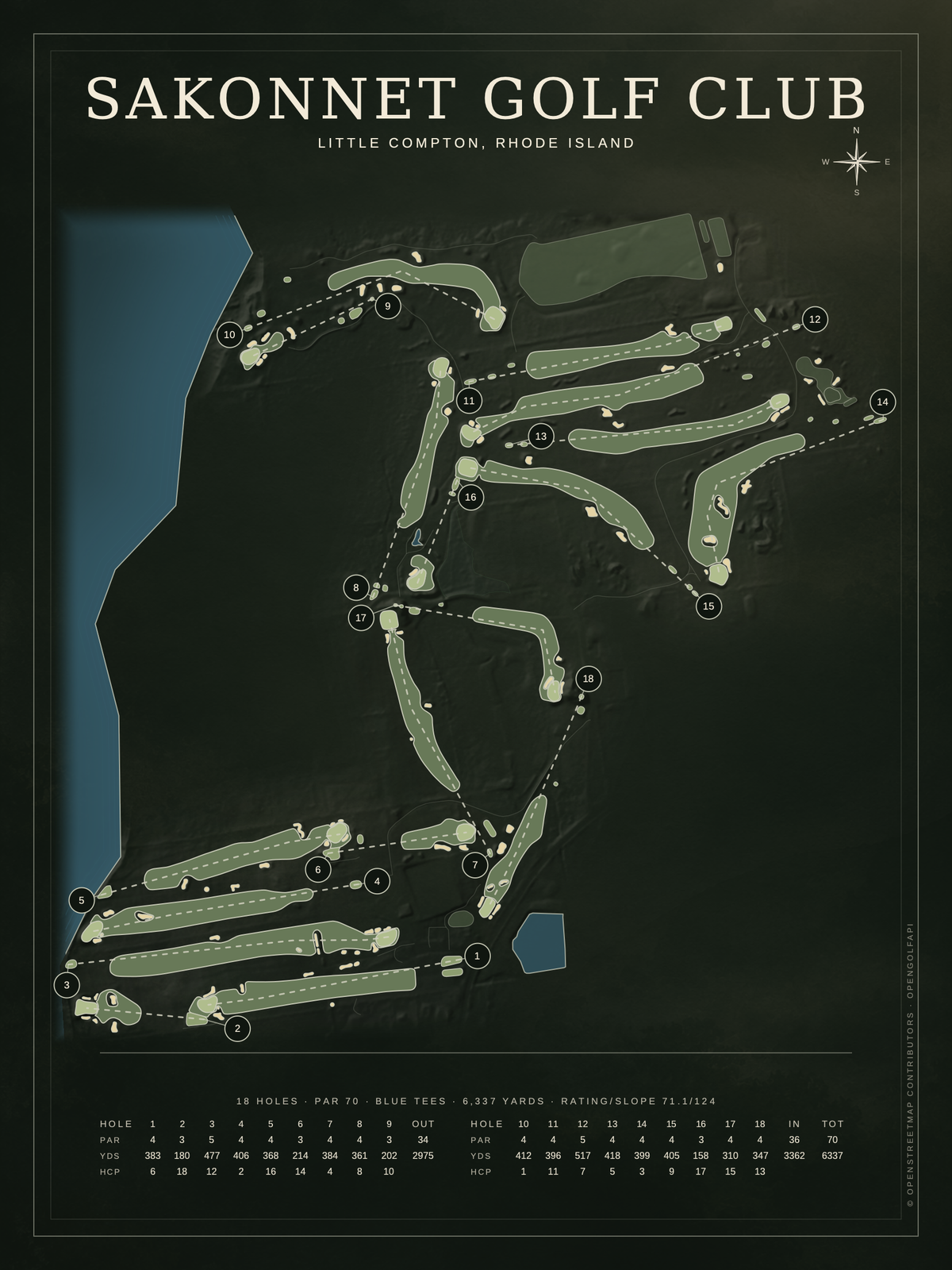Sakonnet Golf Club course map poster, Architectural style, 12×16 / 18×24