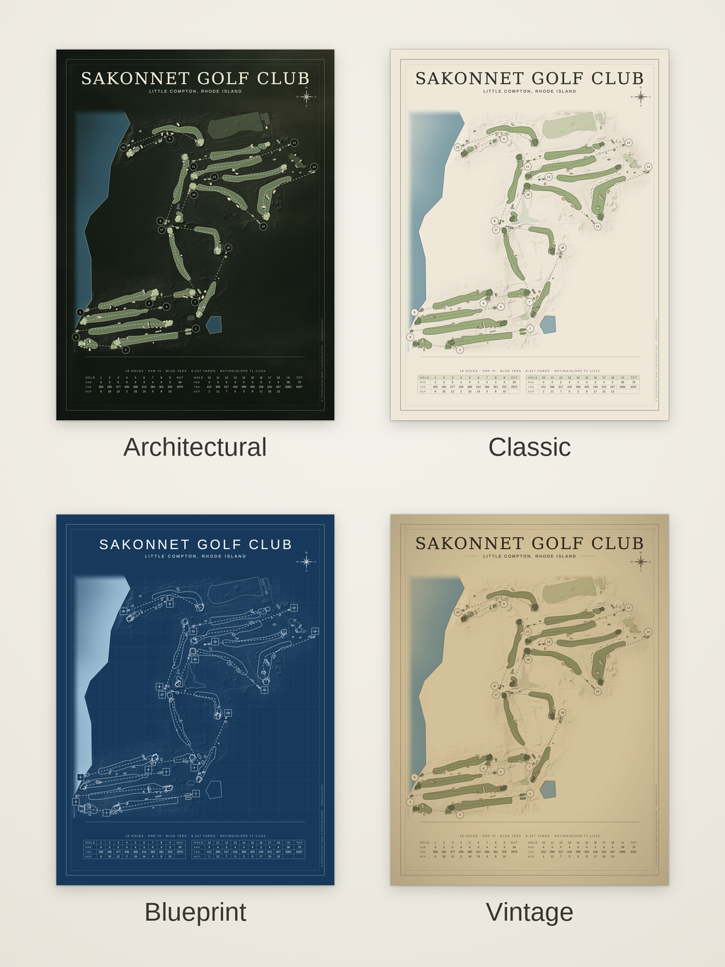 Sakonnet Golf Club course map poster in four styles: Architectural, Classic, Blueprint and Vintage