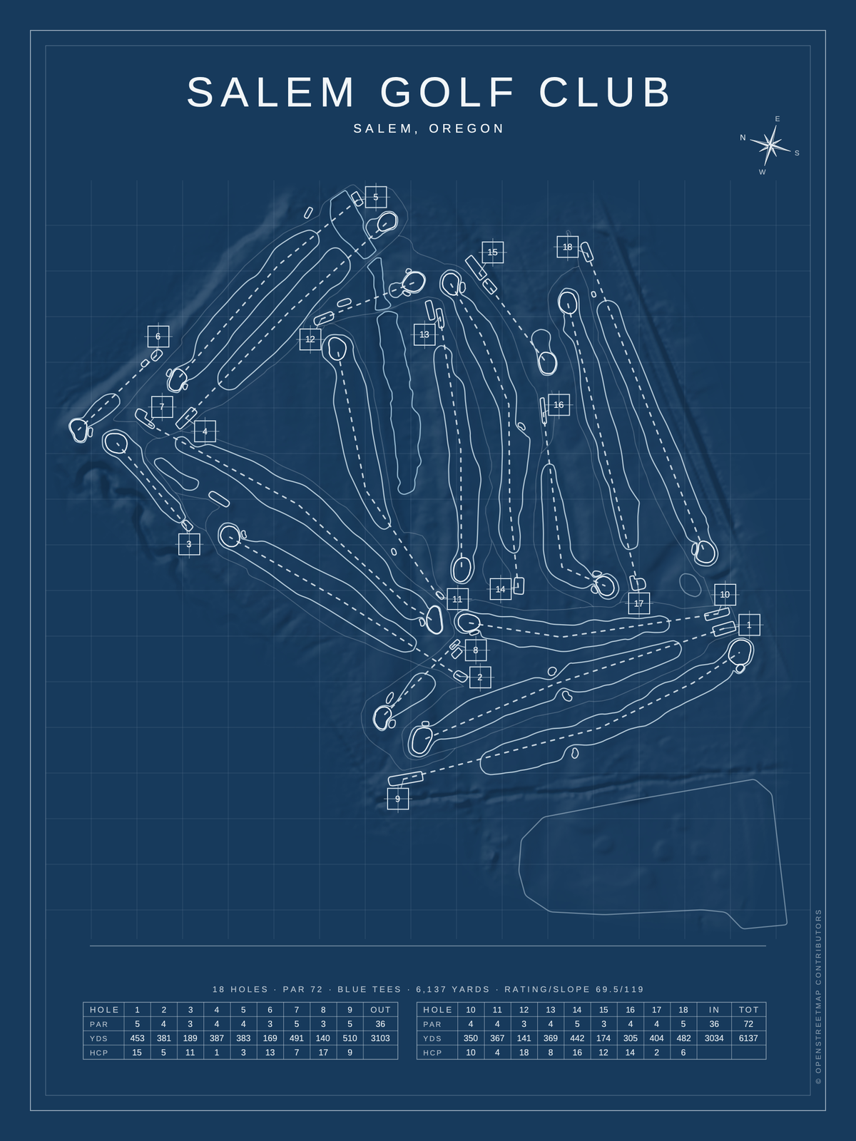 Salem Golf Club course map poster, Blueprint style, 12×16 / 18×24