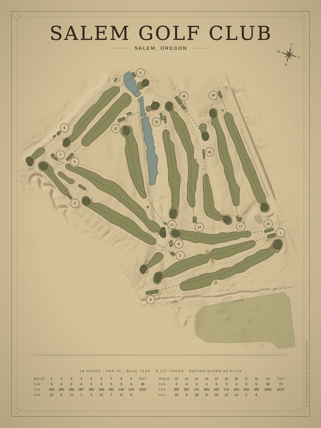 Salem Golf Club course map poster, Vintage style, 12×16 / 18×24