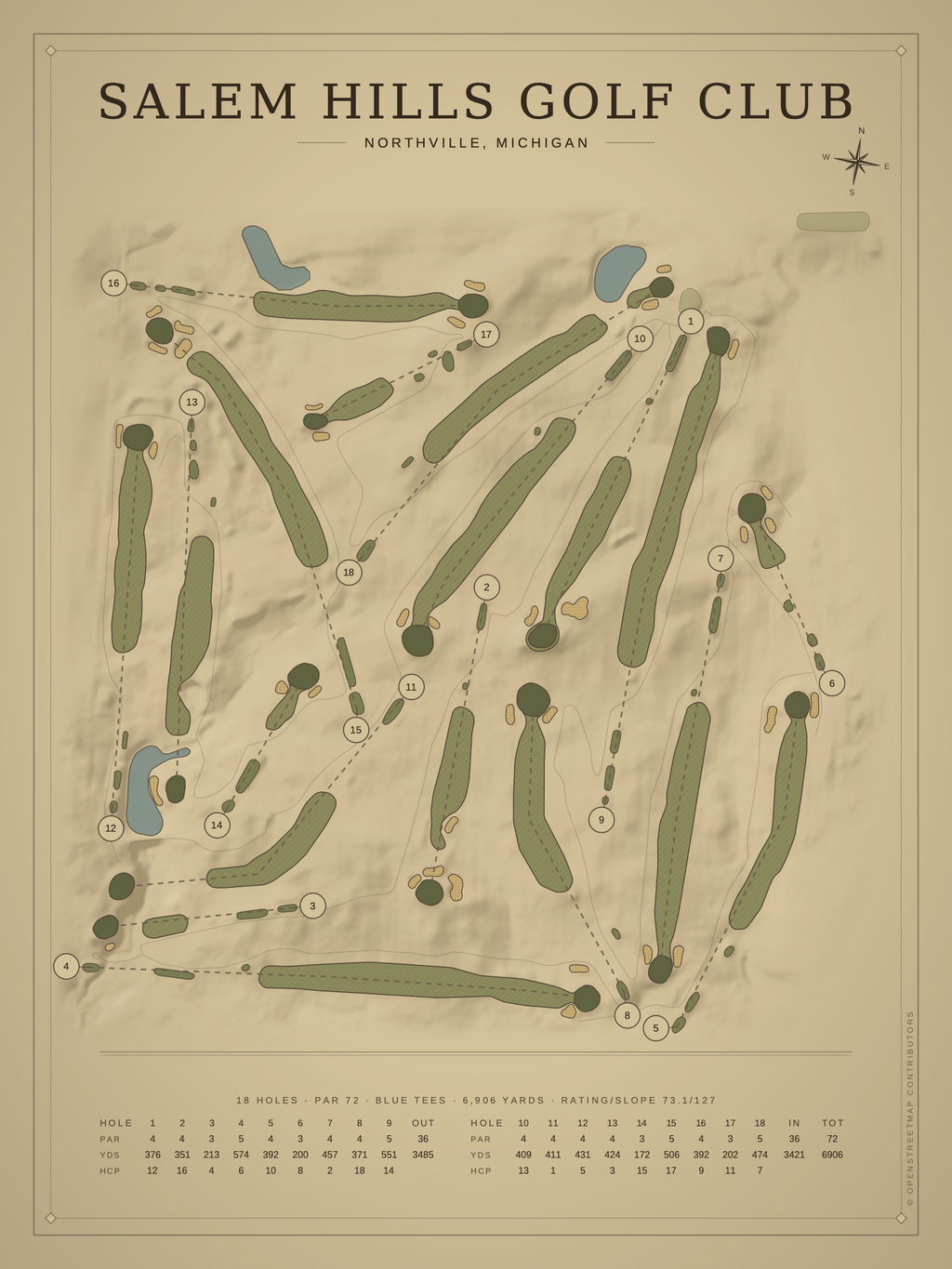 Salem Hills Golf Club course map poster, Vintage style, 12×16 / 18×24