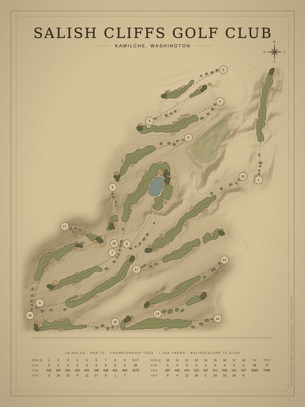 Salish Cliffs Golf Club course map poster, Vintage style, 12×16 / 18×24