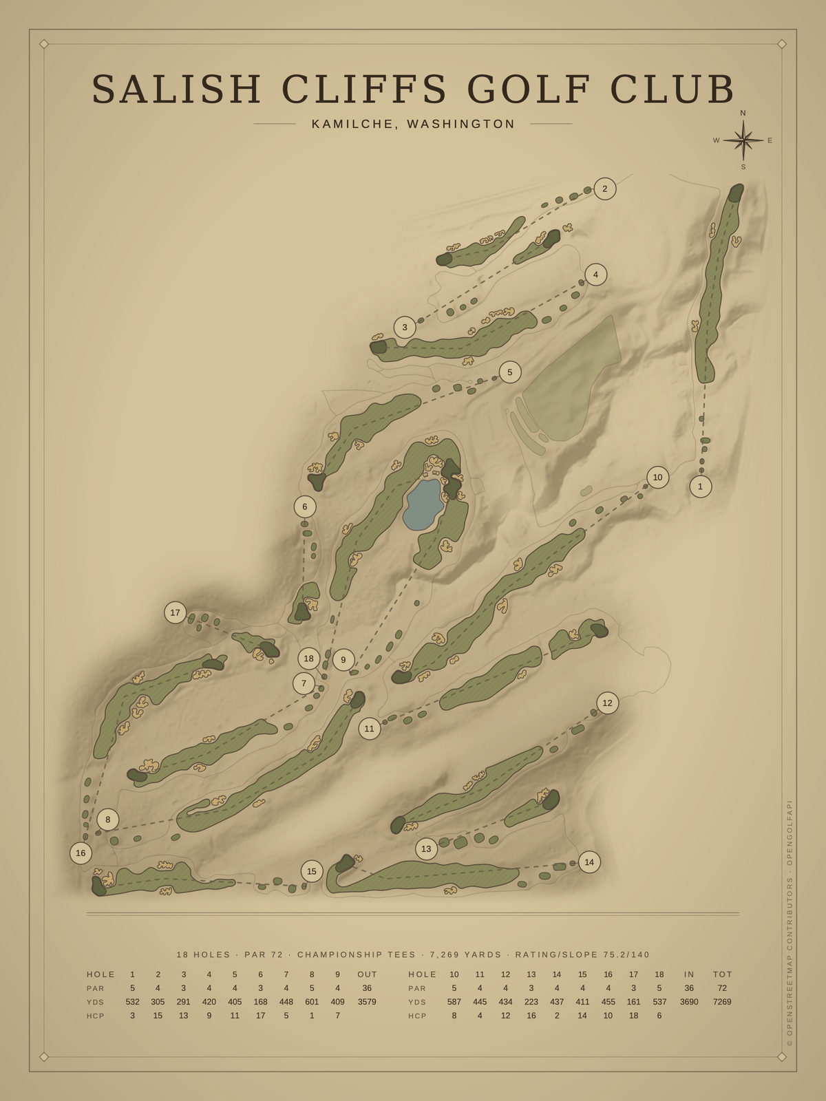Salish Cliffs Golf Club course map poster, Vintage style, 12×16 / 18×24