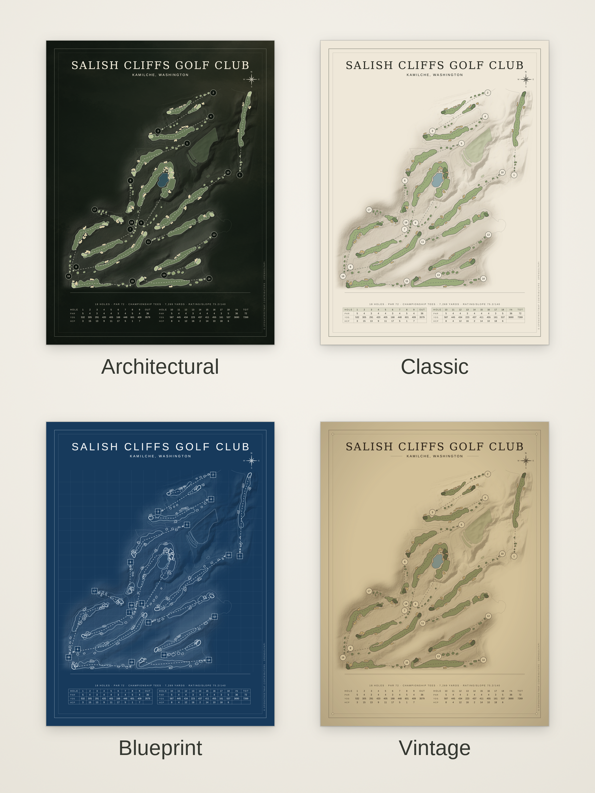 Salish Cliffs Golf Club course map poster in four styles: Architectural, Classic, Blueprint and Vintage