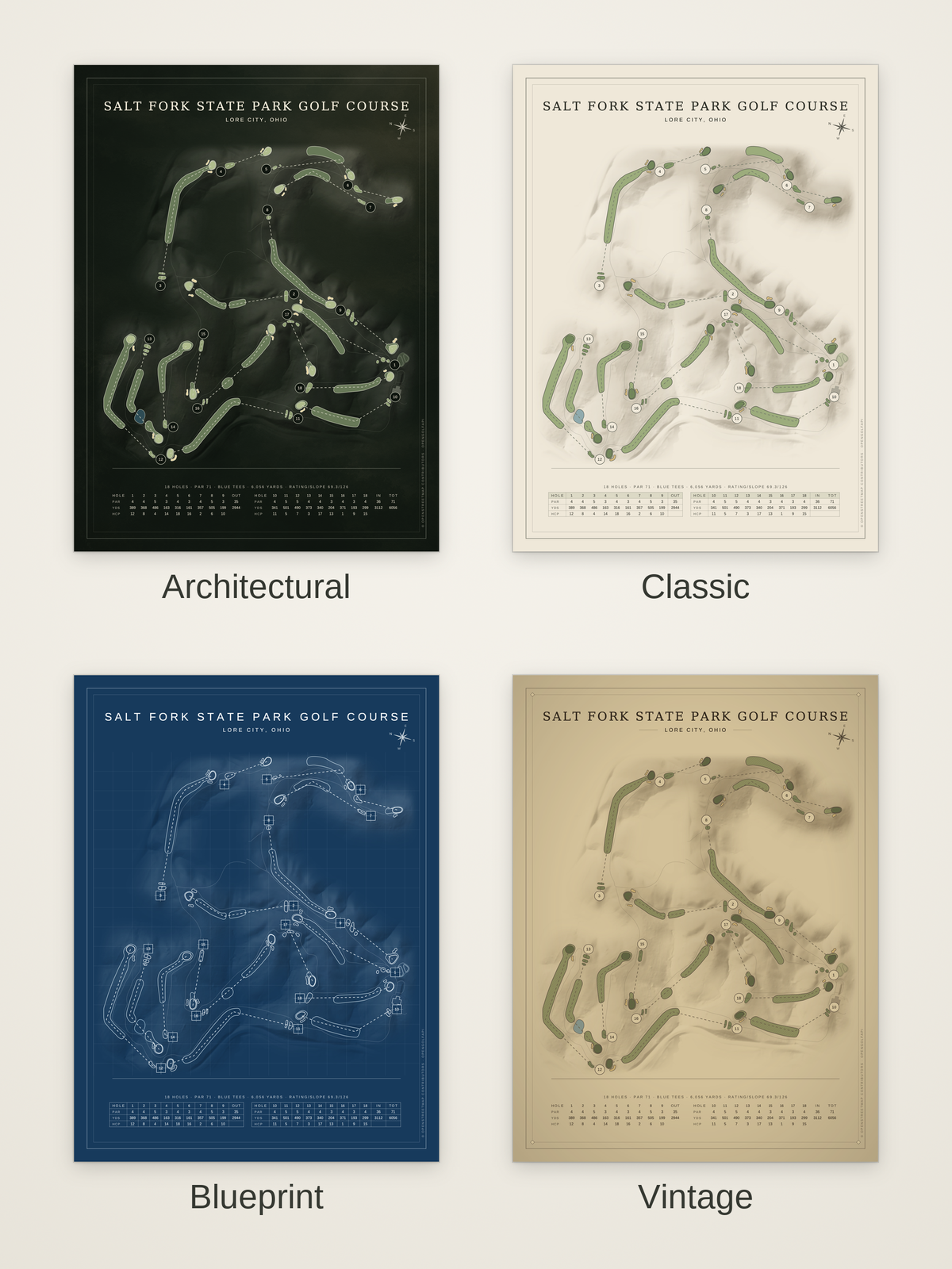Salt Fork State Park Golf Course map poster in four styles: Architectural, Classic, Blueprint and Vintage