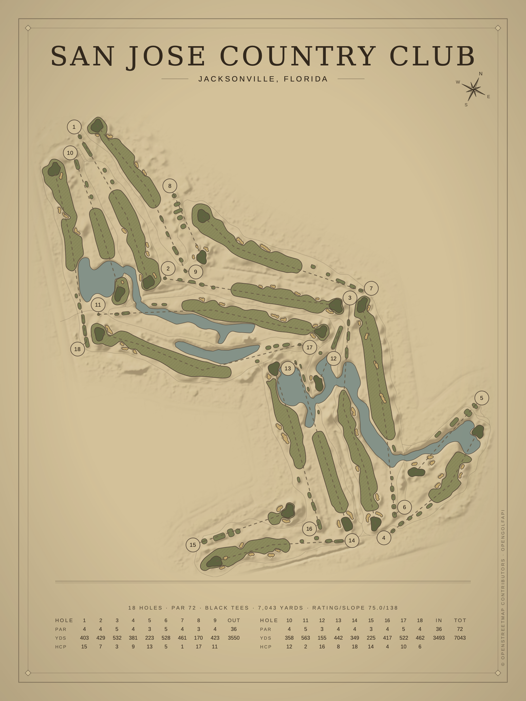 San Jose Country Club course map poster, Vintage style, 12×16 / 18×24