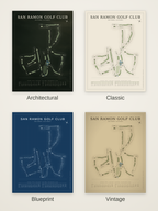 San Ramon Golf Club course map poster in four styles: Architectural, Classic, Blueprint and Vintage