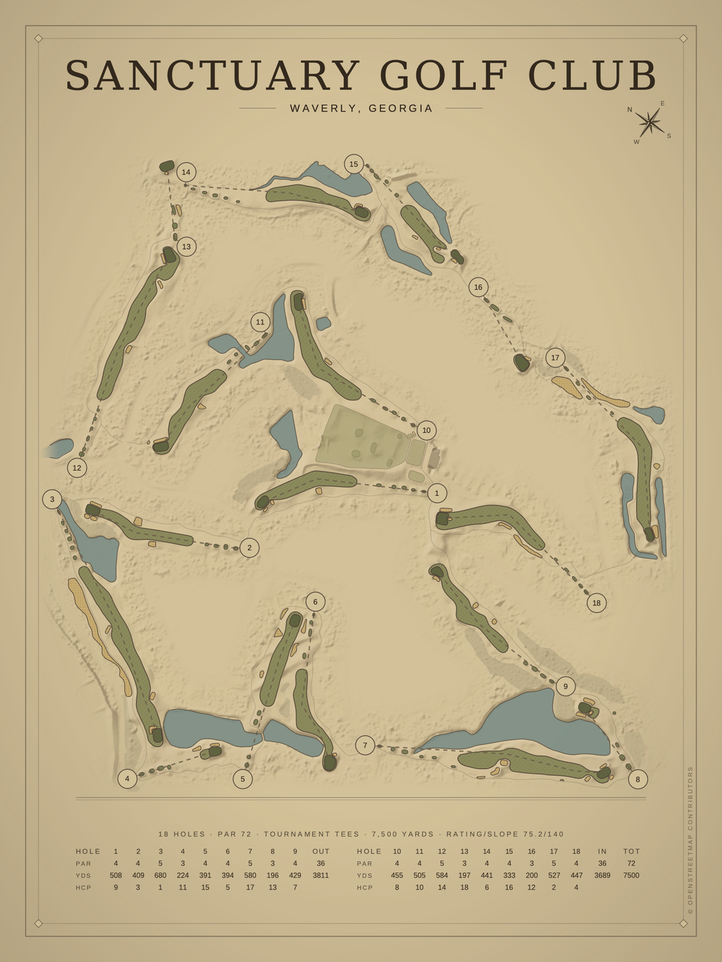 Sanctuary Golf Club course map poster, Vintage style, 12×16 / 18×24