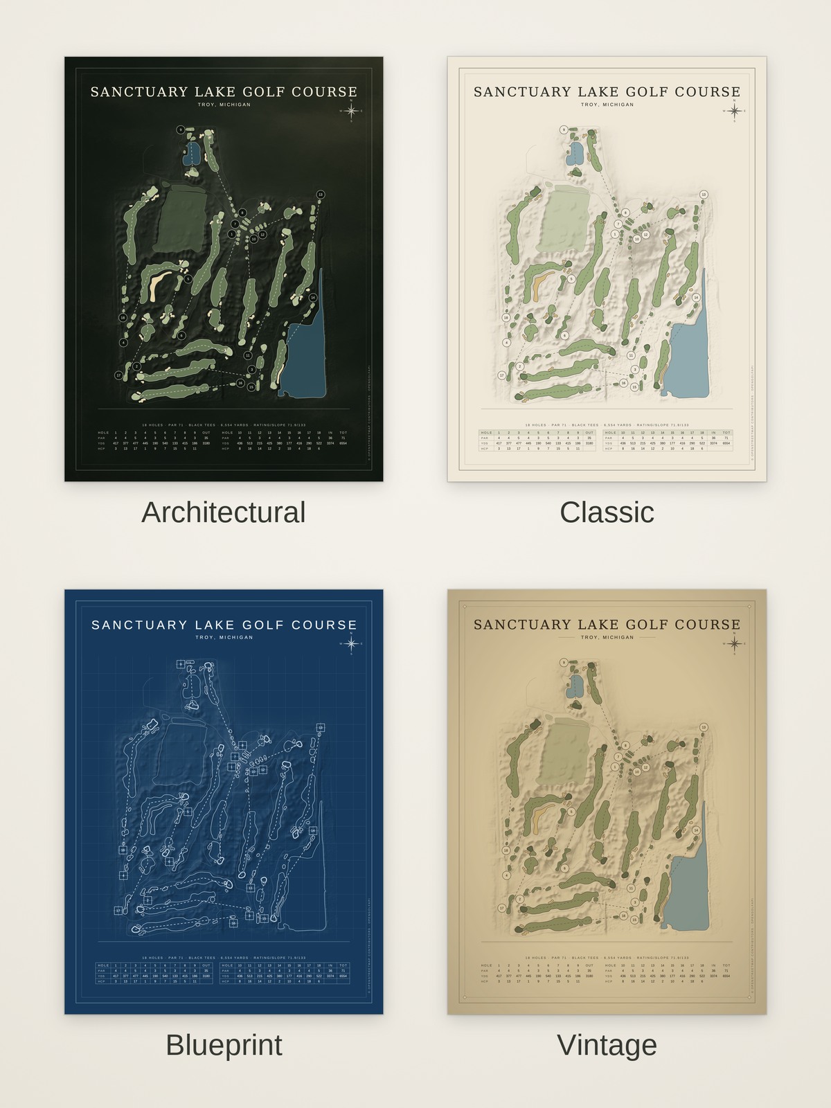 Sanctuary Lake Golf Course map poster in four styles: Architectural, Classic, Blueprint and Vintage