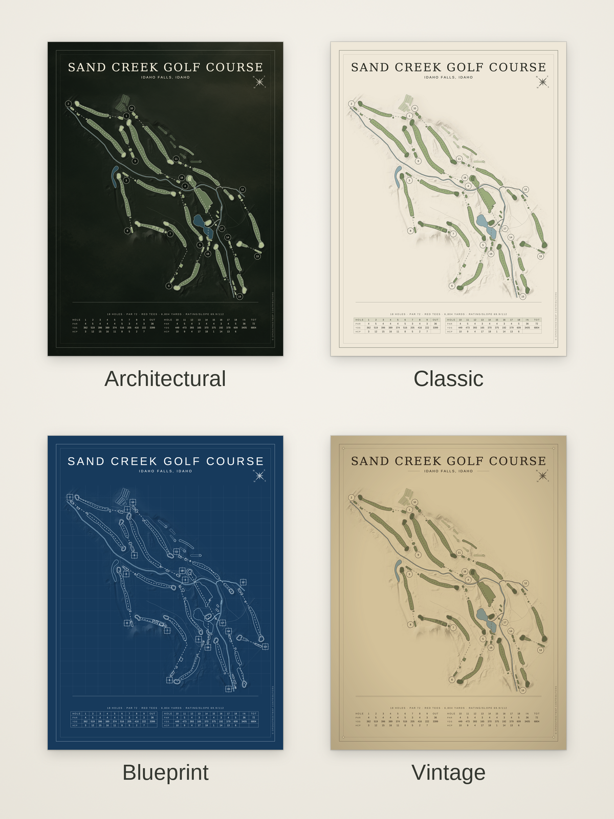 Sand Creek Golf Course map poster in four styles: Architectural, Classic, Blueprint and Vintage