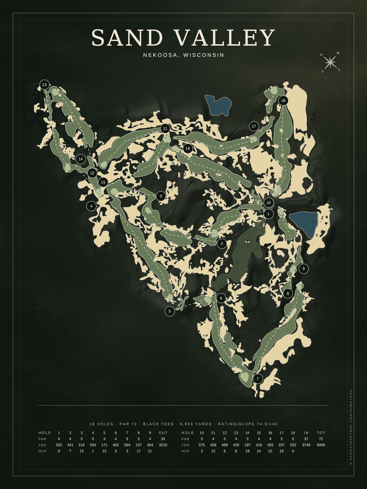 Sand Valley course map poster, Architectural style, 12×16 / 18×24