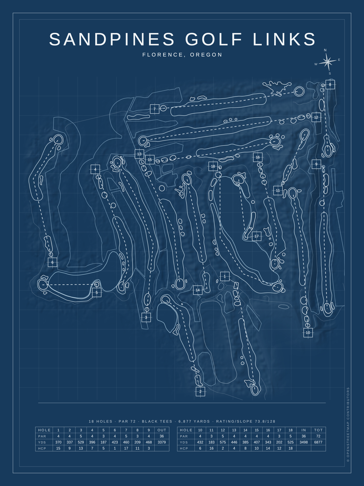 Sandpines Golf Links course map poster, Blueprint style, 12×16 / 18×24