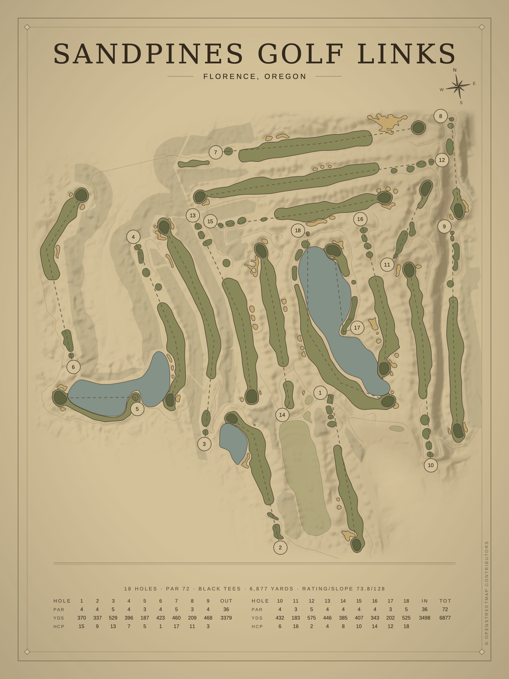 Sandpines Golf Links course map poster, Vintage style, 12×16 / 18×24
