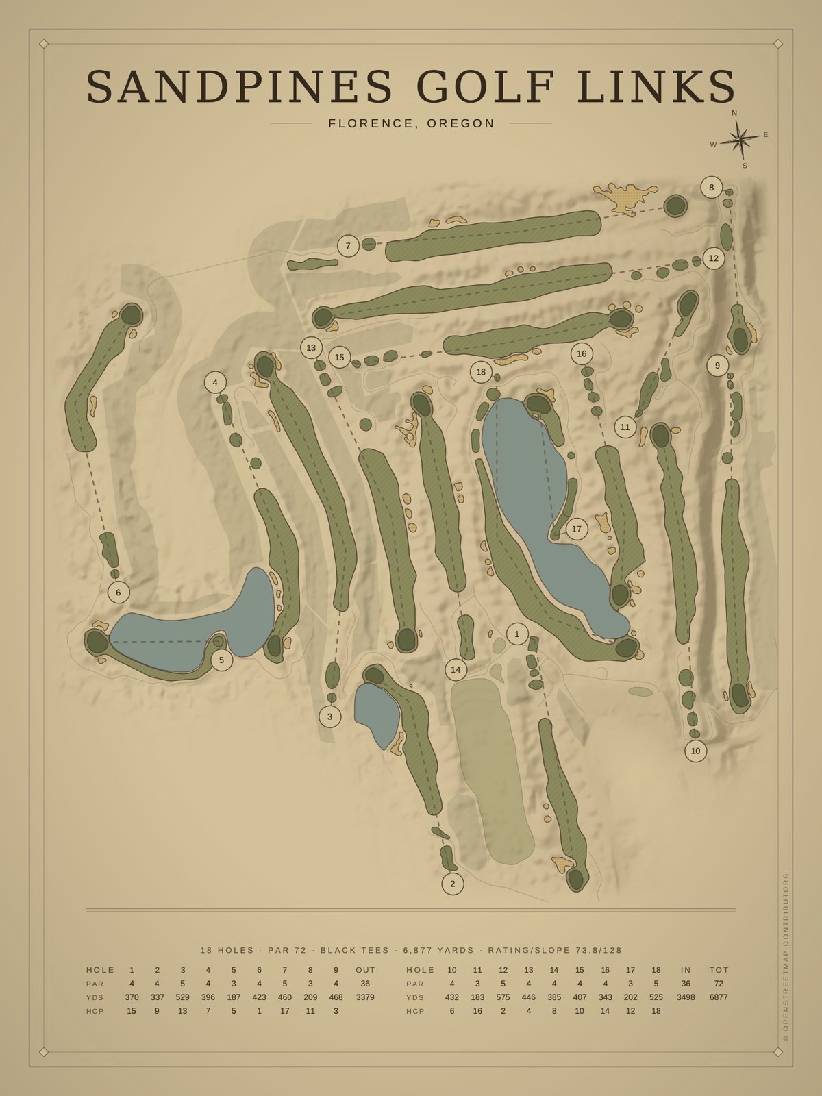 Sandpines Golf Links course map poster, Vintage style, 12×16 / 18×24