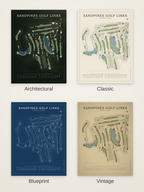 Sandpines Golf Links course map poster in four styles: Architectural, Classic, Blueprint and Vintage